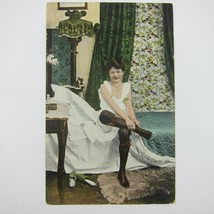 Postcard Risque French Woman Getting Dressed Sits on Bed in Underclothes Antique - £8.01 GBP