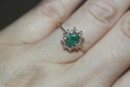 14K Yellow Gold Natural Emerald Diamond Halo Cluster ring Size 9.5 - £335.55 GBP
