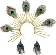 Peacock Feather Gold Halo Crown Sun Headband with Earrings Halloween Cos... - £26.38 GBP