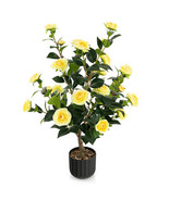 38 Inch Artificial Camellia Tree Faux Flower Plant in Cement Pot-Yellow ... - £93.55 GBP