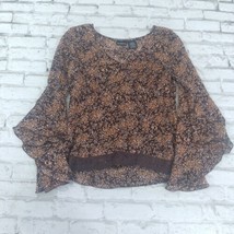 George Top Womens Medium Brown Floral V Neck Lace Trim Vintage Y2k Bell Sleeve - £15.43 GBP