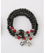 Black Beads w Cat &amp; Fish  Charm Wrap Around Bracelet  23.5&quot; - $12.99