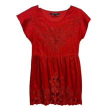 French Connection Womens Tunic Dress Red Floral Scalloped Hem Embroidered Mini 2 - £22.41 GBP