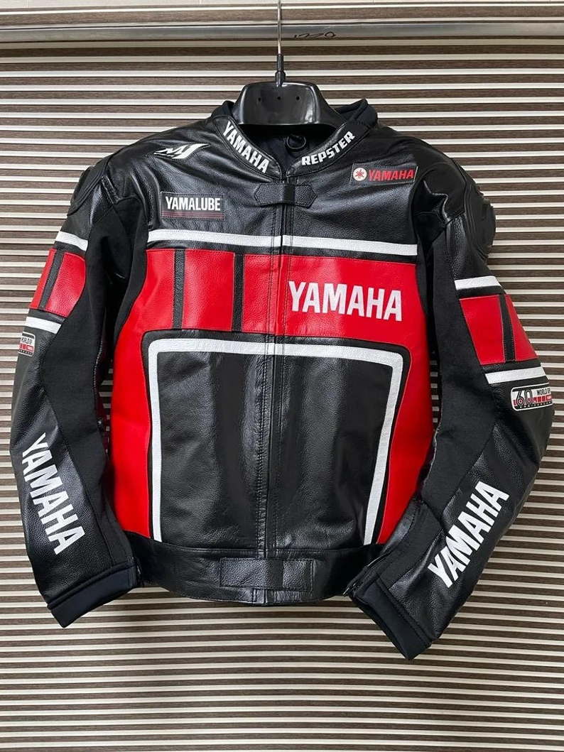 Yamaha Motorbike Racing Leather Jacket Black and Red Genuine Cowhide CE ... - £148.89 GBP