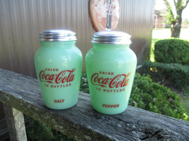 Coca-Cola Large Salt and Pepper Shaker Depression Style Jadiete Glass Re... - $21.53