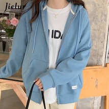 Jielur Autumn Chic Zip-up Hoodies Female Casual Street Loose Thin Blue Gray Apri - £53.16 GBP