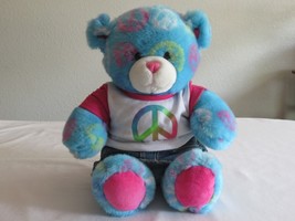 Build-A-Bear Blue Peace Sign 15&quot; Bear Plush 2010 T-shirt Denim Skirt w/ ... - $10.45