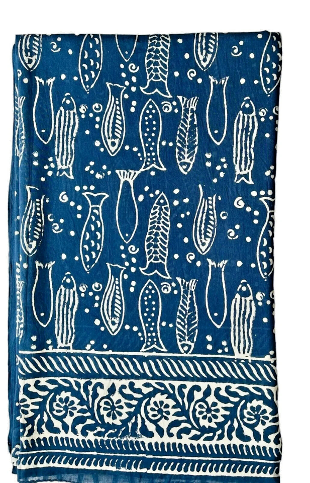 Hand Block Printed Cotton Sarong, Beach Pareo, Beach Cover-up, WOMEN FISH PRINT