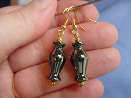 (EE-361) Hour glass shaped Black hematite long gold wire dangle pair of EARRINGS - £7.62 GBP
