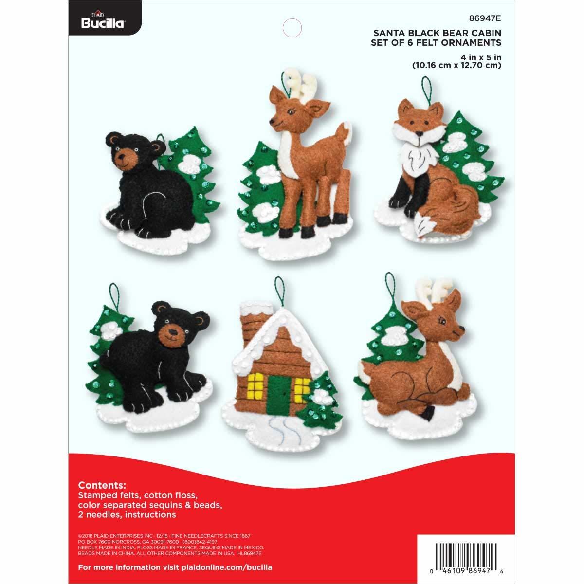 Primary image for Bucilla Felt Applique 6 Piece Ornament Kit, 4"X5", Santa Black Bear Cabin