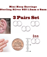 Super Small Hoop Earrings Sterling Silver 925 1.2mm x 8mm 3 Pairs Set Wo... - €7,67 EUR