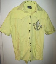 BULZEYE BLACK LABEL Yellow Saint &amp; Sinner French Fleur-de-lis Shirt Sz L - £35.84 GBP
