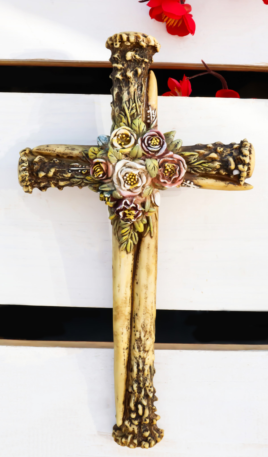 Rustic Western Stag Deer Bone Antlers With Burr Floral Blooms Wall Cross... - $23.99
