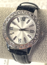 Women&#39;s Ladies Watch Silver Tone Bejeweled Round Face Black Band *Needs Battery - £5.53 GBP