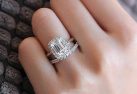 2.25Ct Emerald Cut Diamond Halo Engagement Bridal Ring Set 14K White Gold Over - £88.43 GBP