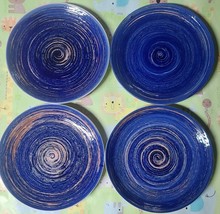 Set of Four (4) ~ Mainstays ~ 7.5&quot; Dia ~ Blue Swirl Salad Plates ~ Stone... - £23.71 GBP