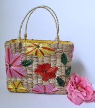Vintage Raffia Flower Embroidery Straw Bag Box Purse by Preview Collecti... - $24.99