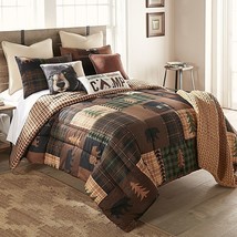 Donna Sharp Brown Bear Cabin Comforter Set Rustic Lodge Green Tan &amp; Bear Pillow - £67.63 GBP+