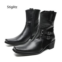 Double Buckle Genuine Leather Ankle Boots for Men Black High Heels Western Boots - £169.78 GBP