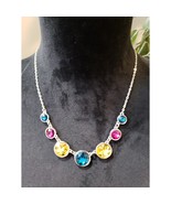 Women Silver Multi-Color Gem Necklace Vibrant Statement Crystal Fashion ... - $35.05 CAD