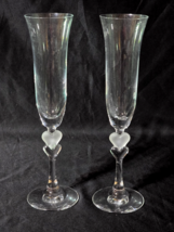 GORHAM Crystal Fluted Champagne Glasses AMORE Frosted Hearts 9.875&quot; - Pa... - $26.38