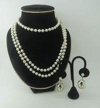 Vintage Long Faux Pearl Beaded Necklace 58&quot; Screw Back Earrings Silver Tone  - £7.63 GBP