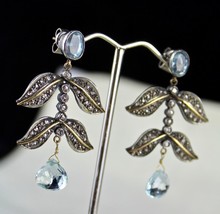 Natural Blue Aquamarine Diamond 18k Gold 925 Silver Ladies Victorian Ear... - £353.10 GBP