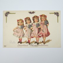 Postcard Congratulations Antique Little Girls Pink Dresses Blue Flowers Embossed - £7.98 GBP