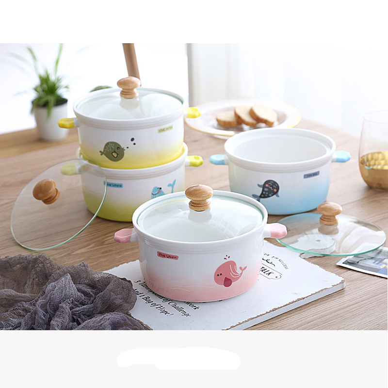 Cartoon Pattern Double Ear Porcelain Bowl with Glass Lid  Microwave Safe 700ml