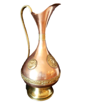 Vtg Copper Brass Pitcher Wine Carafe Water Jug Medallions Coin Decanter Handmade - $25.90