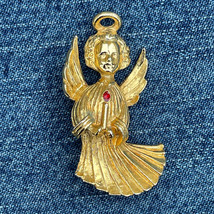 AAI Angel Brooch Gold Tone Pin 2” Vintage Red Rhinestone Signed Jewelry - £7.72 GBP