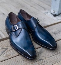 Handmade men&#39;s bespoke genuine calf leather blue shaded monk strap dress shoes - £141.77 GBP+