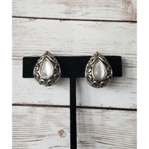 Vintage Clip On Earrings - Ornate Silver Tone Teardrop Shape Pearlescent Center - £10.80 GBP