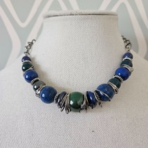 Premier Designs Blue &amp; Greeen AB Beaded Silver Tone Chain Necklace - £14.28 GBP