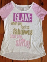 Justice Sparkle GLAM Fabulous SHINE Funky Graphic Girls Pink Gold T-Shir... - $16.82