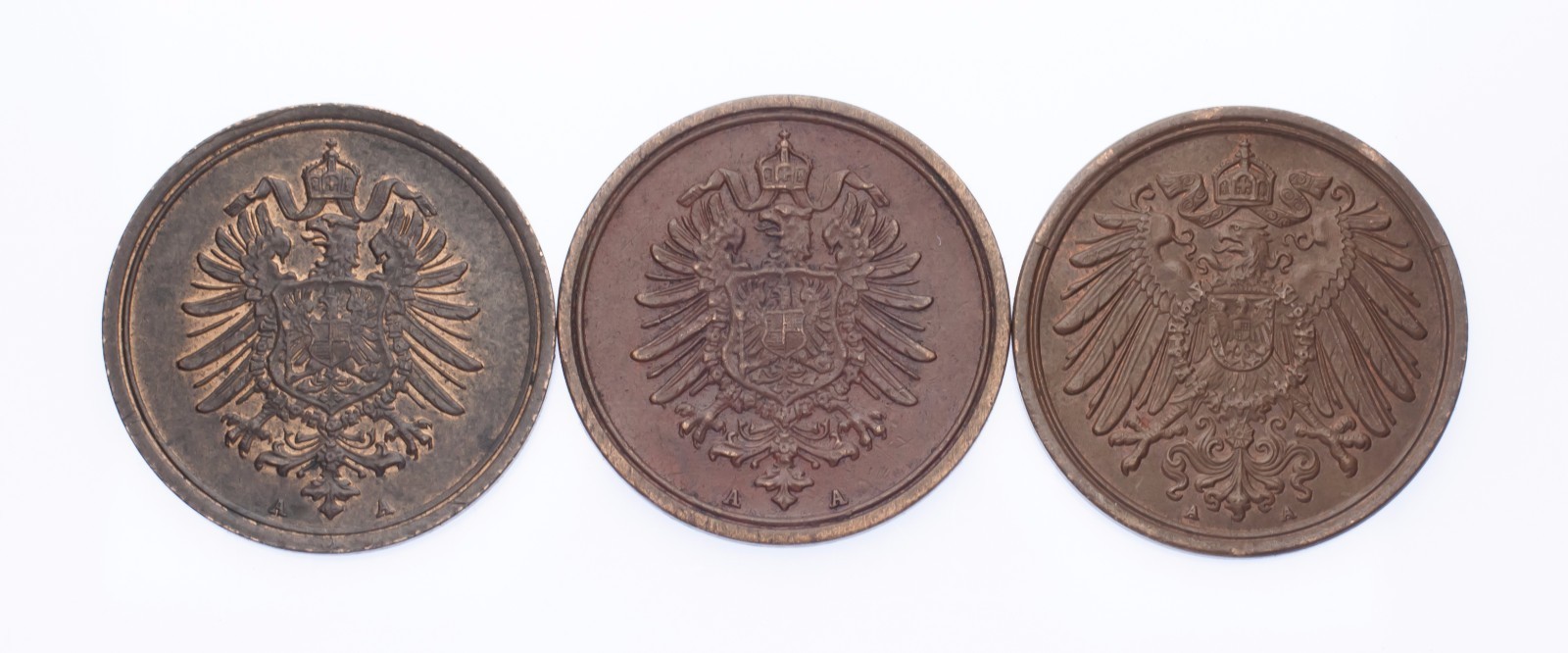 1876-A, 1889-A & 1892-A Germany 1 Pfennig Lot of 3 Coins (XF-AU Condition) Item image 4