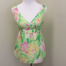 Lilly Pulitzer Top Womens 2 Blouse Pink Green Yellow Floral V-neck Silk Empire  - £19.37 GBP