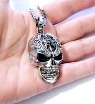 Skull Charm Necklace, Biker Silver Pendant, Steampunk Gothic Jewelry, Gi... - $33.58