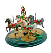 Vtg Hallmark Carousel &amp; Horses Christmas Ornaments Set Of 4 Horses + Stand 1989 - £22.41 GBP