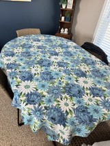 VINTAGE MCM 1960s BLUE WHITE FLORAL TABLECLOTH 47&quot; X 62&quot; Rectangle Fabri... - $39.59