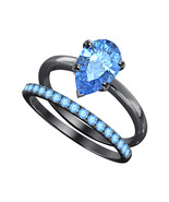 Pear Cut Blue Topaz 14k Black Gold Over 925 Silver Engagement Bridal Ring - £99.55 GBP