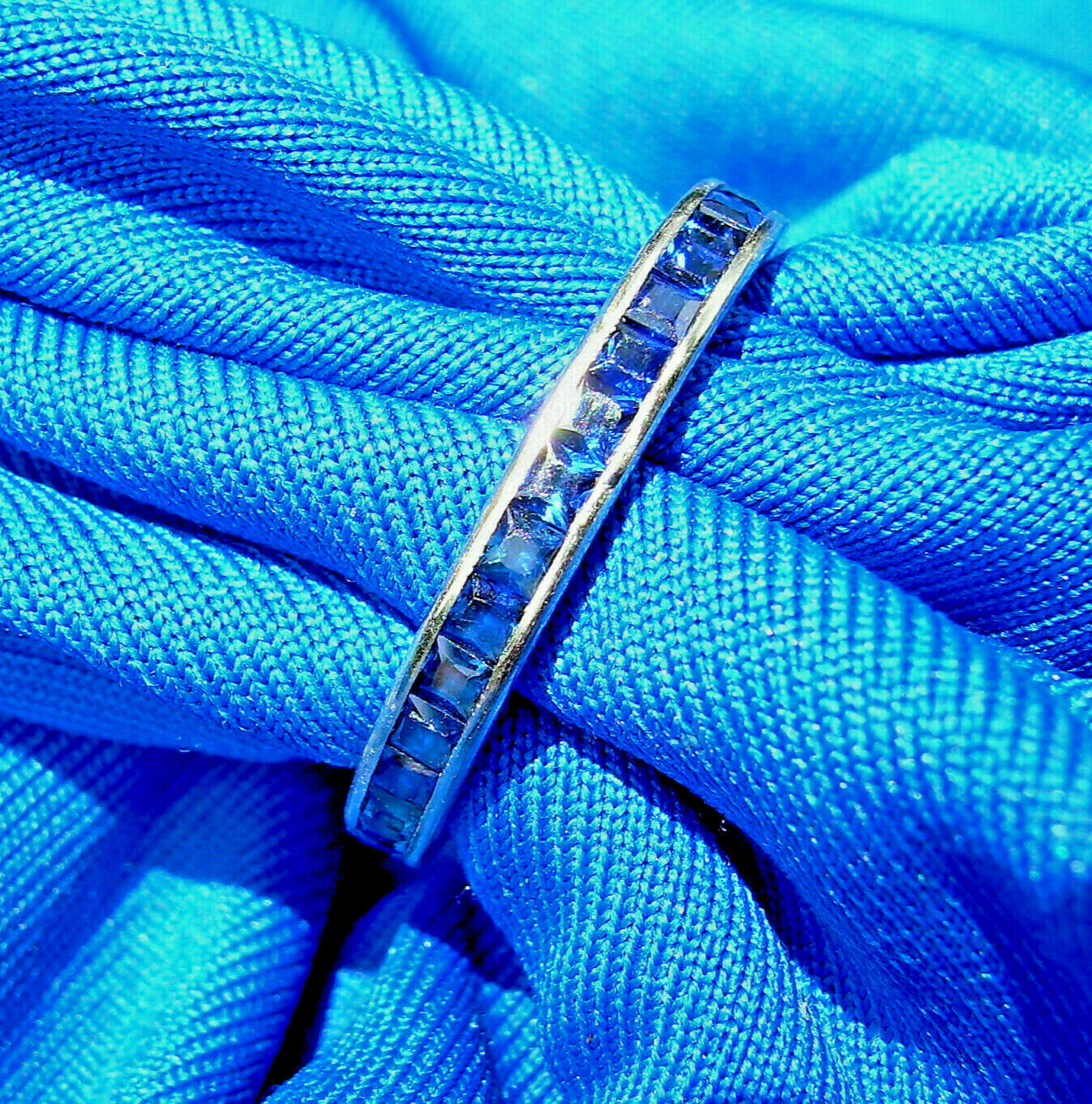 Sapphire Deco Wedding Band 14k Gold Vintage Bridal Eternity Anniversary Ring 7.5 Item image 9