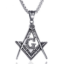 Mens Silver Freemason Masonic Symbol Pendant Necklace Stainless Steel Chain 24&quot; - £9.37 GBP