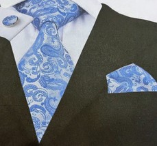 Royal Blue and Silver Paisley Necktie, Hanky, and Cufflinks - $19.99