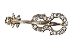 Violin Pin Gold Tone Rhinestone Jewels Orchestra Music Lover Brooch Lapel Pin - $39.55