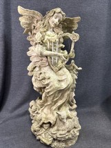 Vintage Windchime Angel Playing Harp Statue Outdoor Garden Sculpture, 19”x9”x9” - £54.76 GBP