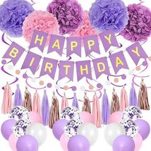 Purple Pink Birthday Party Decor with Banner, Tassels, Swirls, Balloons ... - $27.49