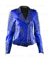 New Woman Blue Full Silver Spiked Studded Punk Cowhide Biker Leather Jacket-711 - £369.84 GBP