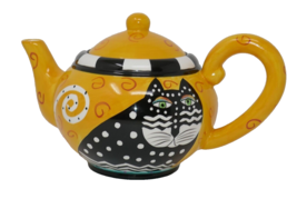 Laurel Burch Ceramic Yellow Black Cat Polka Dots Orange Swirls Coffe Tea Pot - £23.72 GBP