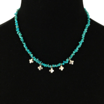 TURQUOISE chip beaded necklace w/ 5 tiny sterling silver crosses - 16&quot; to 18&quot; - £23.97 GBP